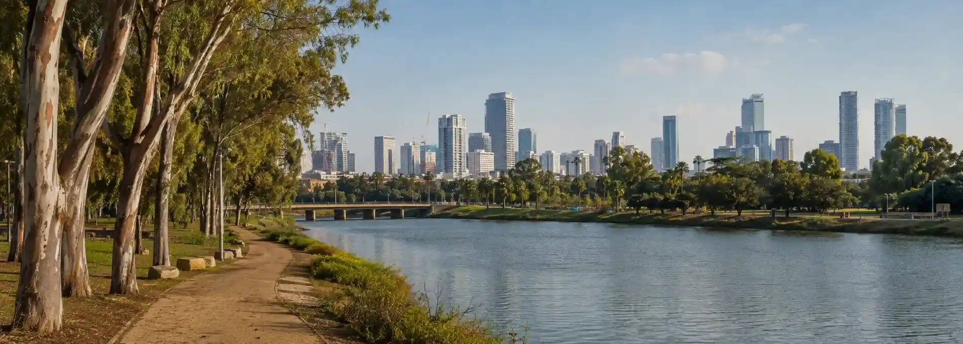 The Yarkon River park and Tel Aviv skyline in central Israel