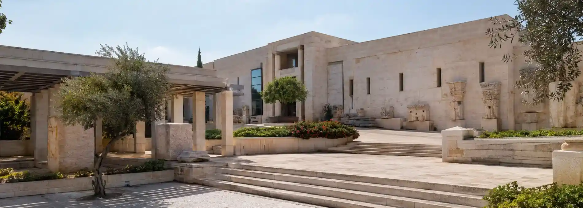 A Jerusalem museum courtyard with limestone architecture and archaeological details