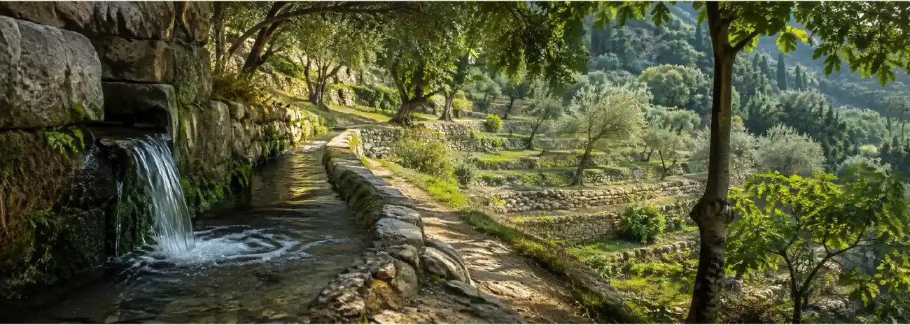 Ancient terraces and wooded hills at Sataf